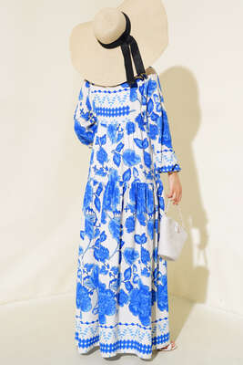 Desenli Yarı Patlı Elbise Saks - Tesettür Elbise