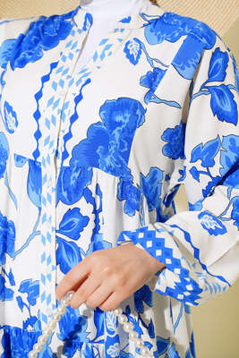 Desenli Yarı Patlı Elbise Saks - Tesettür Elbise