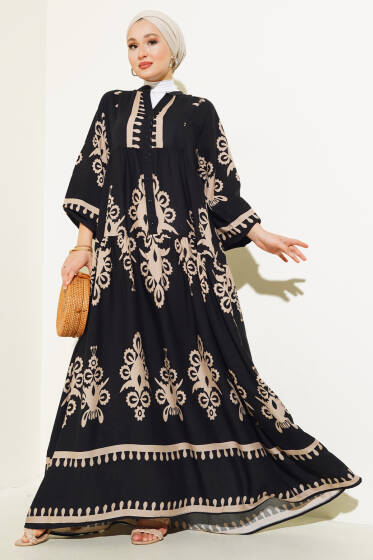 Desenli Yarı Patlı Elbise Siyah Bej - Elbise