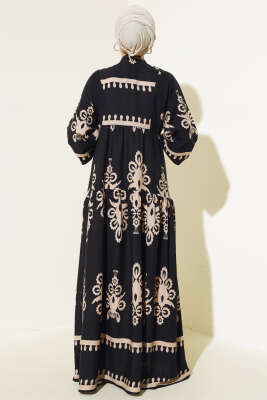 Desenli Yarı Patlı Elbise Siyah Bej - Tesettür Elbise