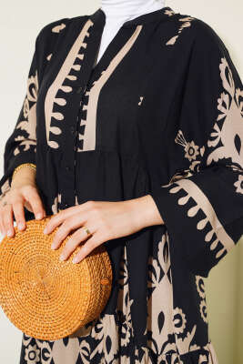 Desenli Yarı Patlı Elbise Siyah Bej - Tesettür Elbise