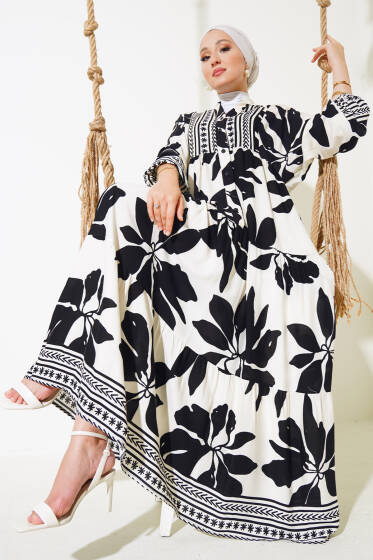 Desenli Yarı Patlı Elbise Siyah - Elbise