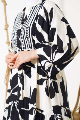 Desenli Yarı Patlı Elbise Siyah - Tesettür Elbise