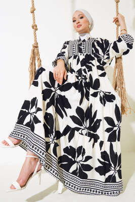 Desenli Yarı Patlı Elbise Siyah 