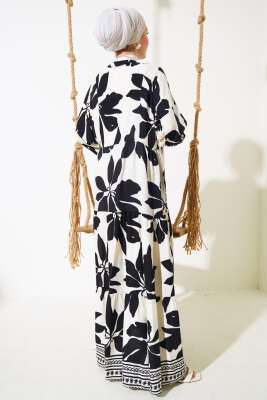 Desenli Yarı Patlı Elbise Siyah - Tesettür Elbise