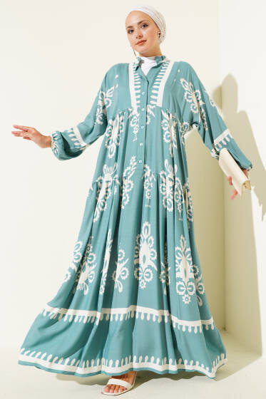 Desenli Yarı Patlı Önü Düğmeli Elbise Çağla Yeşili - Elbise