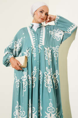 Desenli Yarı Patlı Önü Düğmeli Elbise Çağla Yeşili - Tesettür Elbise