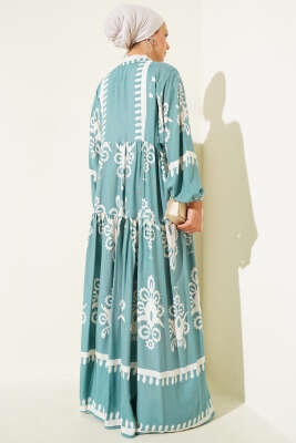 Desenli Yarı Patlı Önü Düğmeli Elbise Çağla Yeşili - Tesettür Elbise