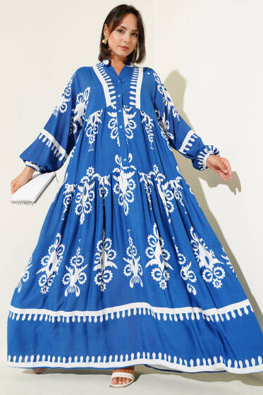 Desenli Yarı Patlı Önü Düğmeli Elbise Indıgo - Elbise