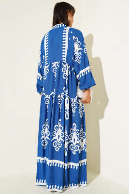 Desenli Yarı Patlı Önü Düğmeli Elbise Indıgo - Tesettür Elbise