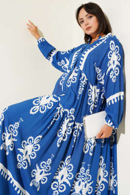 Desenli Yarı Patlı Önü Düğmeli Elbise Indıgo - Tesettür Elbise