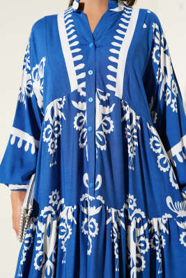 Desenli Yarı Patlı Önü Düğmeli Elbise Indıgo - Tesettür Elbise