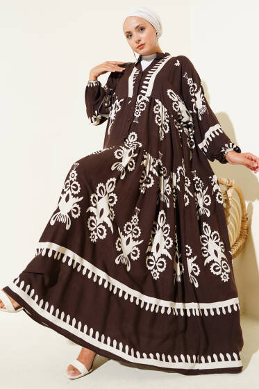 Desenli Yarı Patlı Önü Düğmeli Elbise Kahve - Elbise