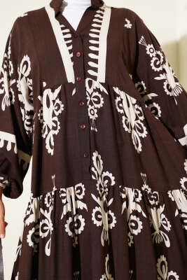 Desenli Yarı Patlı Önü Düğmeli Elbise Kahve - Tesettür Elbise