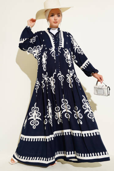 Desenli Yarı Patlı Önü Düğmeli Elbise Lacivert - Elbise