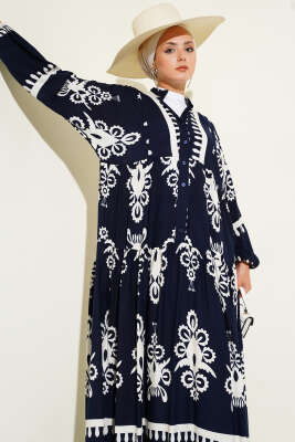 Desenli Yarı Patlı Önü Düğmeli Elbise Lacivert - Tesettür Elbise