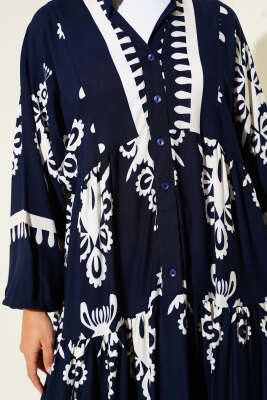 Desenli Yarı Patlı Önü Düğmeli Elbise Lacivert - Tesettür Elbise