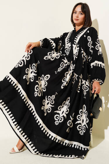 Desenli Yarı Patlı Önü Düğmeli Elbise Siyah - Elbise