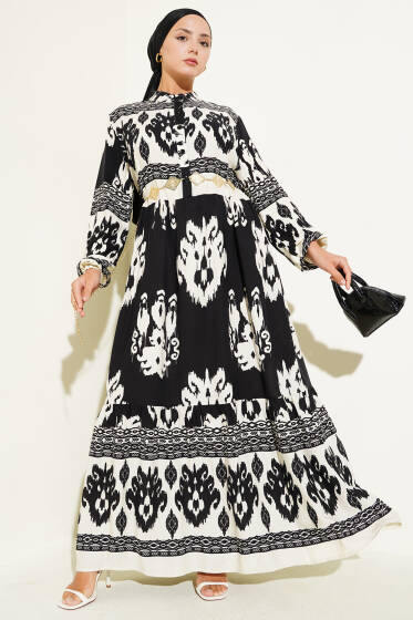 Desenli Yarım Düğme Detaylı Elbise Siyah - Elbise