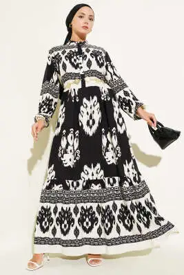 Desenli Yarım Düğme Detaylı Elbise Siyah 