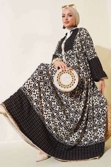 Desenli Yarım Düğmeli Elbise Bej - Elbise