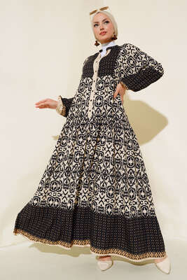 Desenli Yarım Düğmeli Elbise Bej - Tesettür Elbise