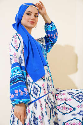 Desenli Yarım Düğmeli Elbise Beyaz Saks - Tesettür Elbise