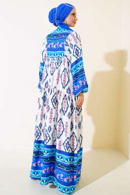 Desenli Yarım Düğmeli Elbise Beyaz Saks - Tesettür Elbise