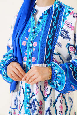 Desenli Yarım Düğmeli Elbise Beyaz Saks - Tesettür Elbise