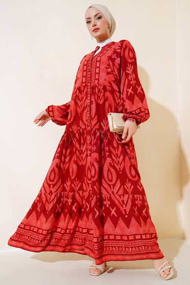 Desenli Yarım Düğmeli Elbise Bordo - Elbise