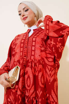 Desenli Yarım Düğmeli Elbise Bordo - Tesettür Elbise