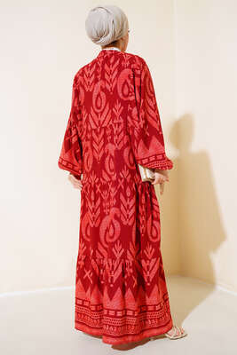 Desenli Yarım Düğmeli Elbise Bordo - Tesettür Elbise