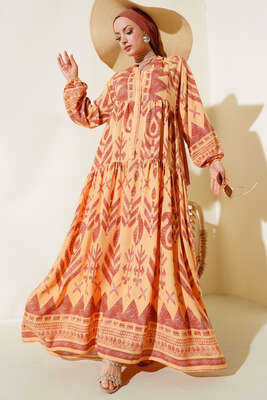 Desenli Yarım Düğmeli Elbise Hardal - Tesettür Elbise