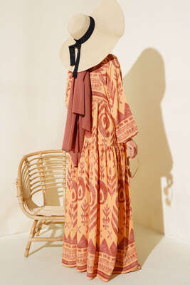 Desenli Yarım Düğmeli Elbise Hardal - Tesettür Elbise