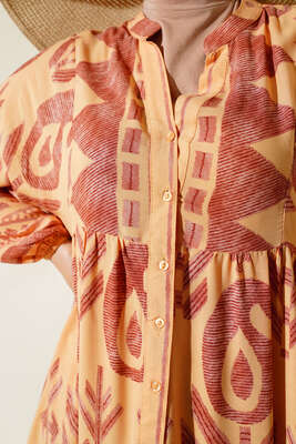 Desenli Yarım Düğmeli Elbise Hardal - Tesettür Elbise