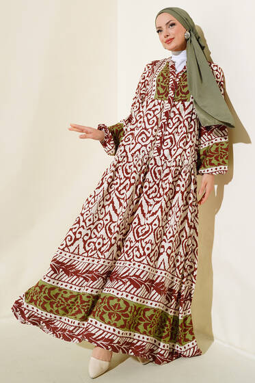 Desenli Yarım Düğmeli Elbise Kahve - Elbise