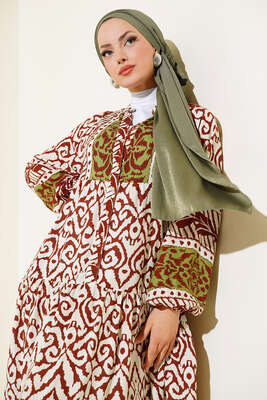 Desenli Yarım Düğmeli Elbise Kahve - Tesettür Elbise