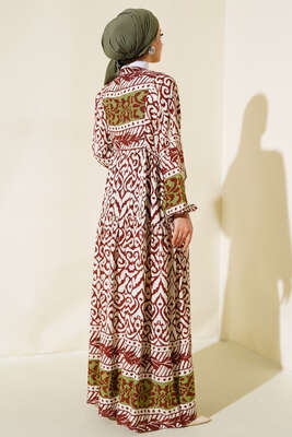 Desenli Yarım Düğmeli Elbise Kahve - Tesettür Elbise