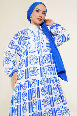 Desenli Yarım Düğmeli Elbise Saks - Tesettür Elbise