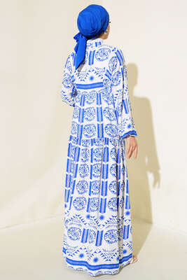 Desenli Yarım Düğmeli Elbise Saks - Tesettür Elbise