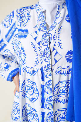 Desenli Yarım Düğmeli Elbise Saks - Tesettür Elbise