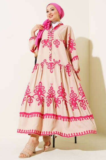 Desenli Yarım Düğmeli Kat Elbise Fuşya - Elbise