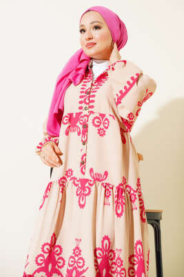 Desenli Yarım Düğmeli Kat Elbise Fuşya - Tesettür Elbise