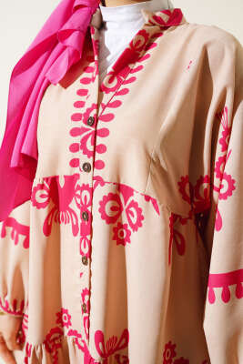 Desenli Yarım Düğmeli Kat Elbise Fuşya - Tesettür Elbise