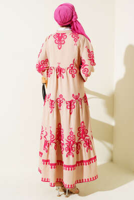 Desenli Yarım Düğmeli Kat Elbise Fuşya - Tesettür Elbise