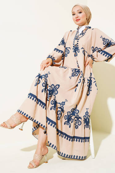 Desenli Yarım Düğmeli Kat Elbise Lacivert - Elbise