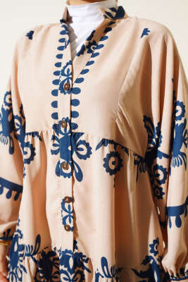 Desenli Yarım Düğmeli Kat Elbise Lacivert - Tesettür Elbise