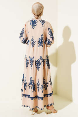 Desenli Yarım Düğmeli Kat Elbise Lacivert - Tesettür Elbise