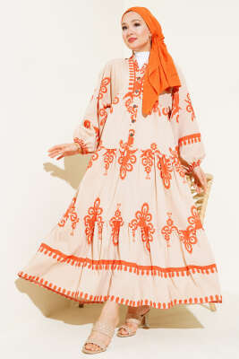 Desenli Yarım Düğmeli Kat Elbise Oranj 