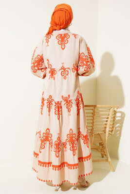 Desenli Yarım Düğmeli Kat Elbise Oranj - Tesettür Elbise